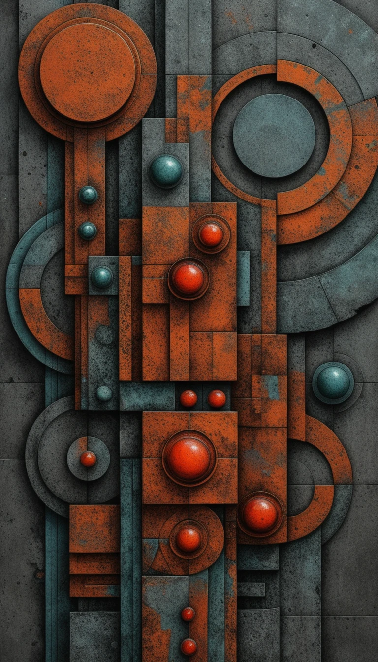 Abstrakter brutalistischer geometrischer Turm mit leuchtenden roten Kugeln