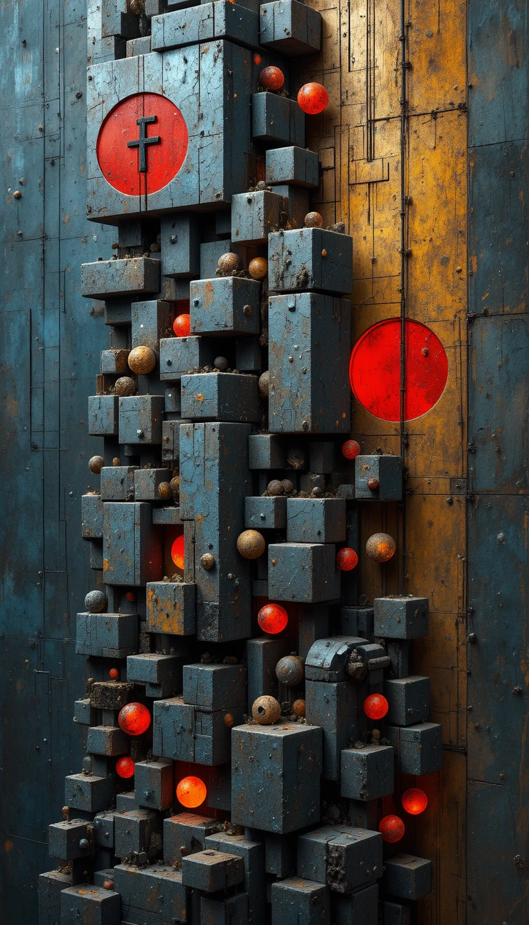 Columna geométrica abstracta con orbes rojos brillantes y arcos dorados