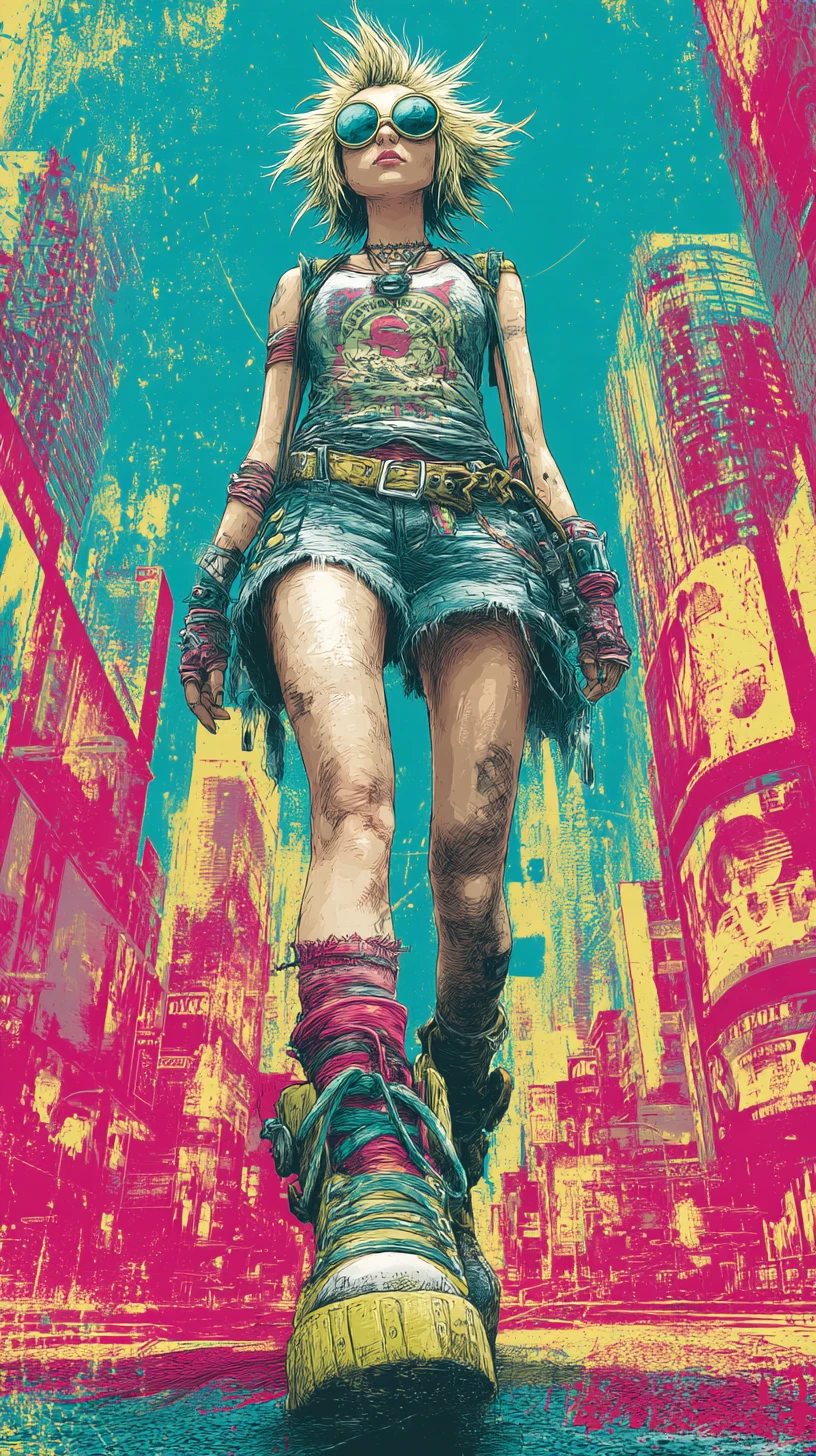 Mujer punk futurista caminando por una calle de ciudad neón