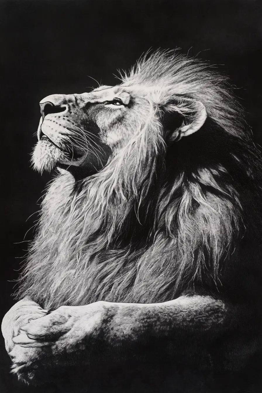 Monochrome Lion Portrait Resting In Serene Darkness
