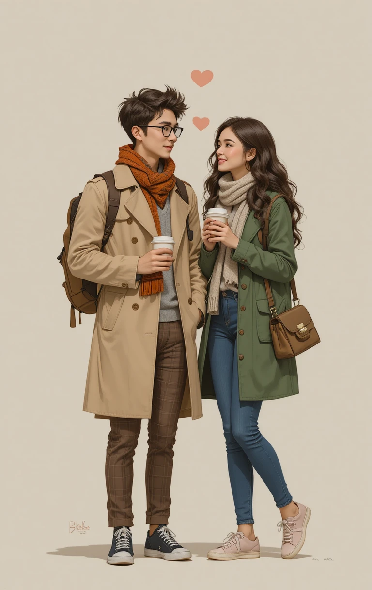 Romantic spring couple sharing coffee in soft digital art