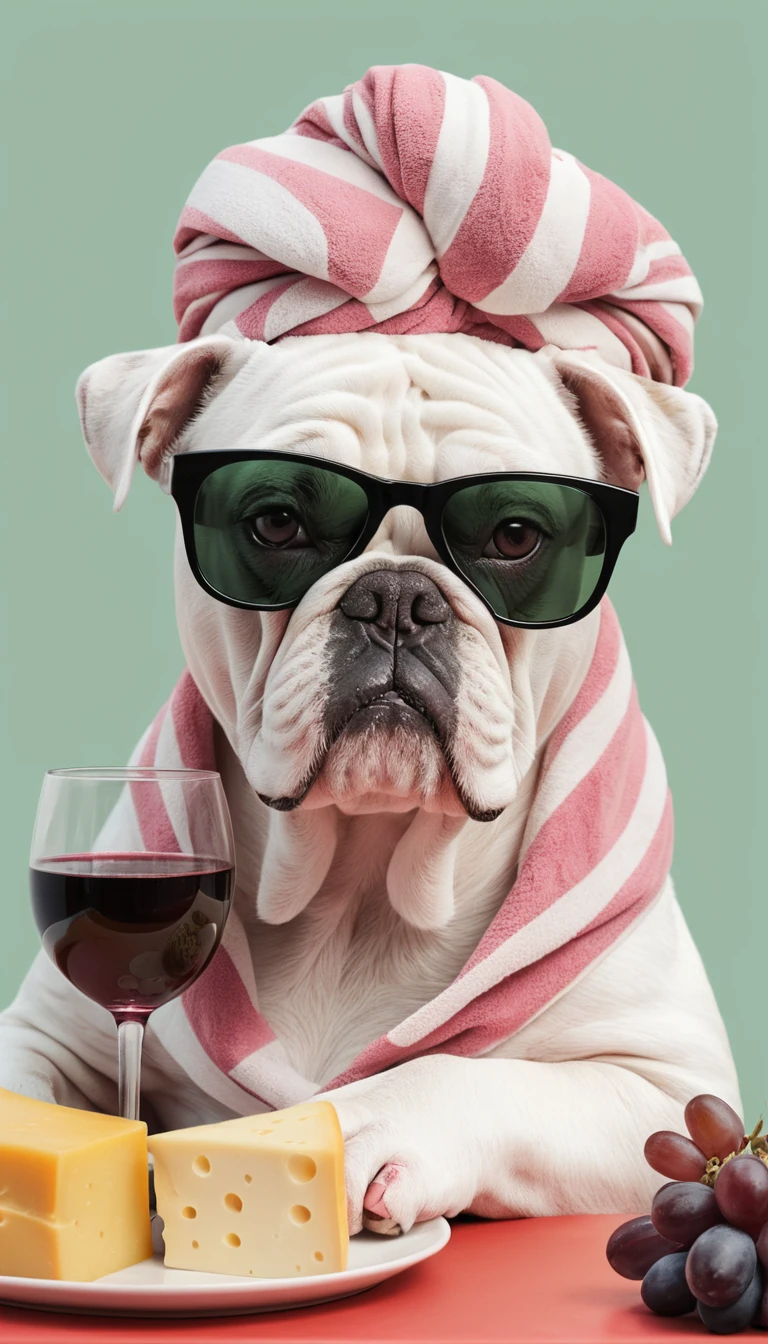 Bulldog con gafas de sol relajándose en una mesa de comedor elegante