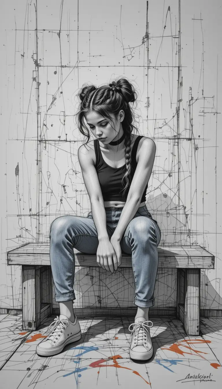 Pensive young woman on a worn bench in urban studio