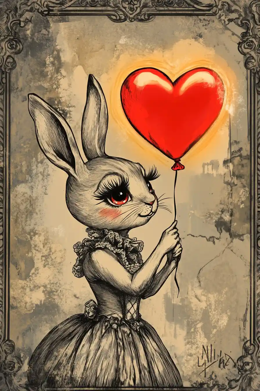 Anthropomorphic bunny diva with glowing heart balloon