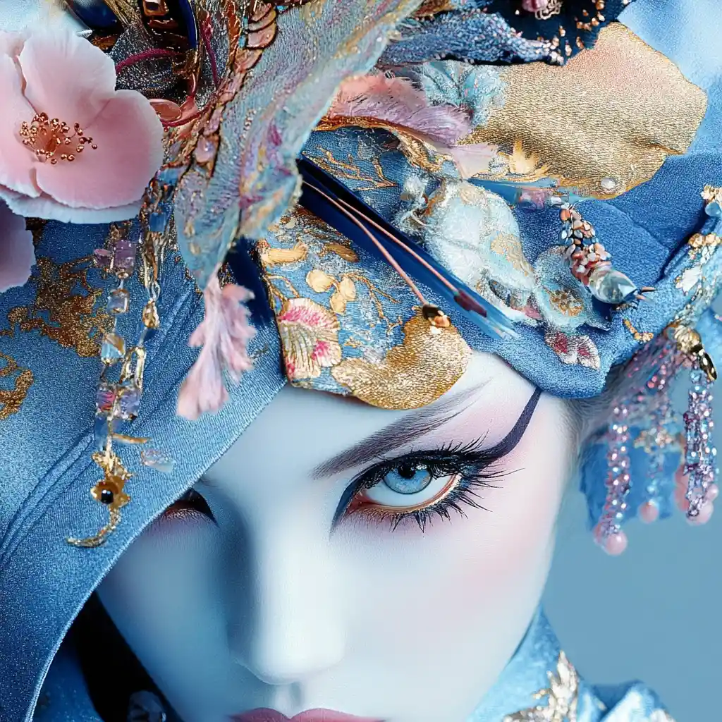 Japanese countess with dramatic artistic blue and gold makeup