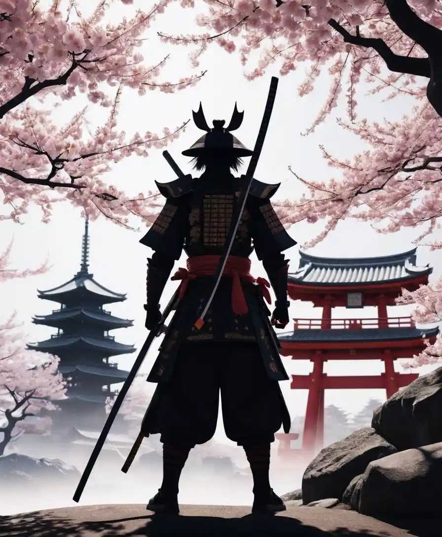 Geisha y samurái en silueta con flores de cerezo