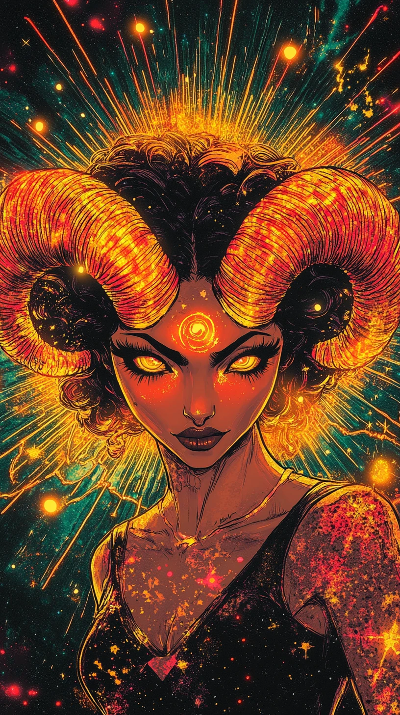 Anthropomorphic ram diva with fiery horns in cosmic space