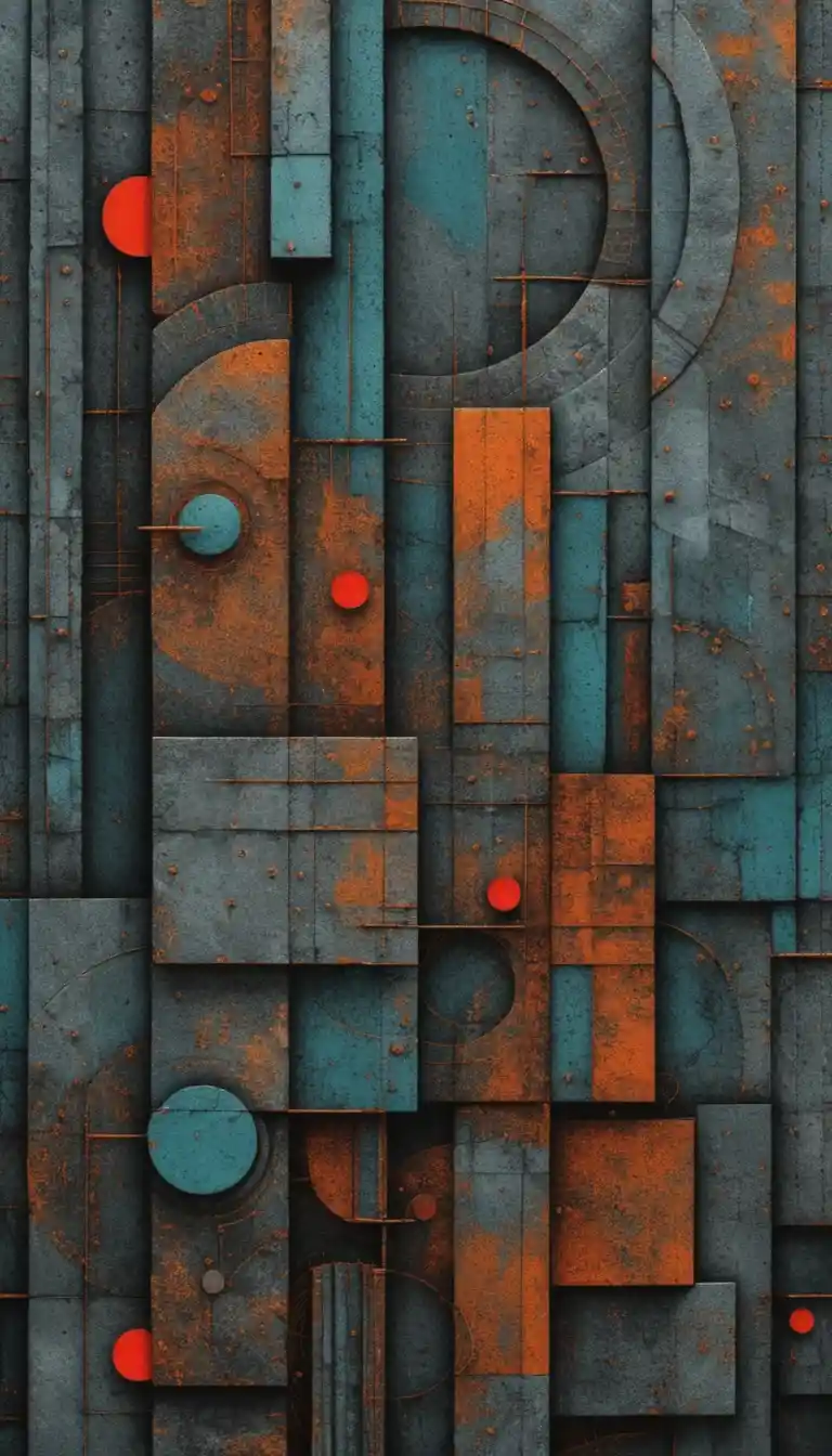 Paisaje urbano geométrico abstracto con orbes rojos brillantes