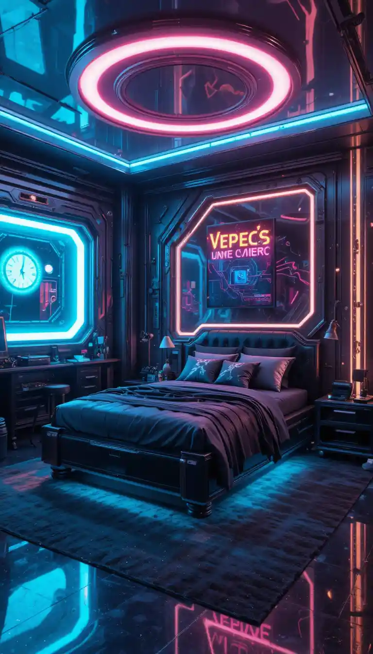 Dormitorio futurista cyberpunk con luces de neón y cama elegante