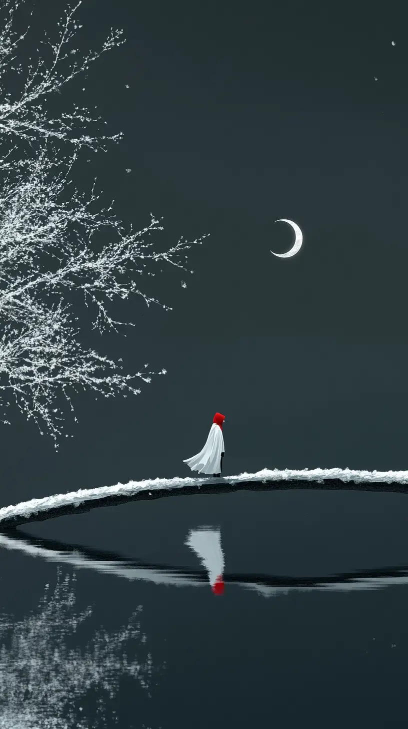 Lone cloaked figure on glassy bridge over black lake