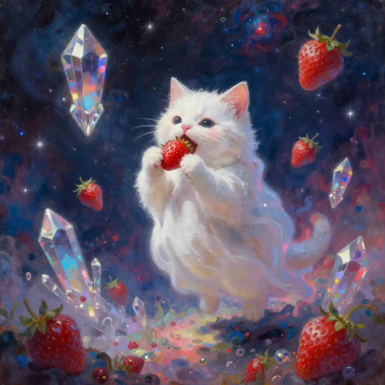 Cute ghost cat eating strawberries in cosmic dreamscape