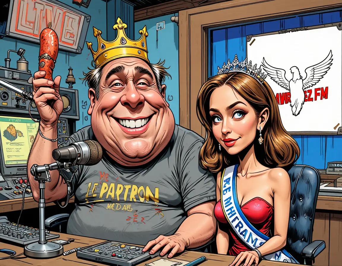 Playful radio host with sausage scepter and beauty queen guest