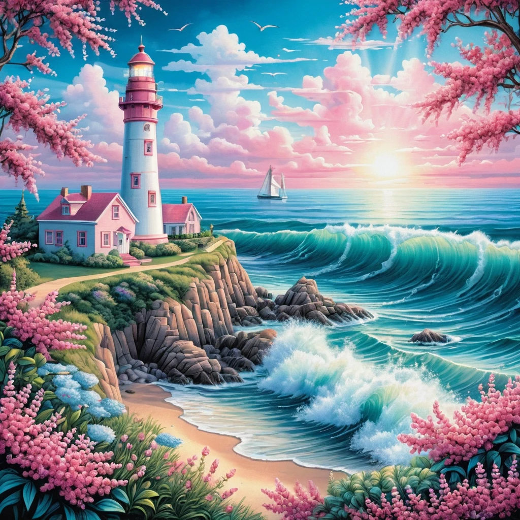 Faro colorido junto al mar de verano con flores rosas