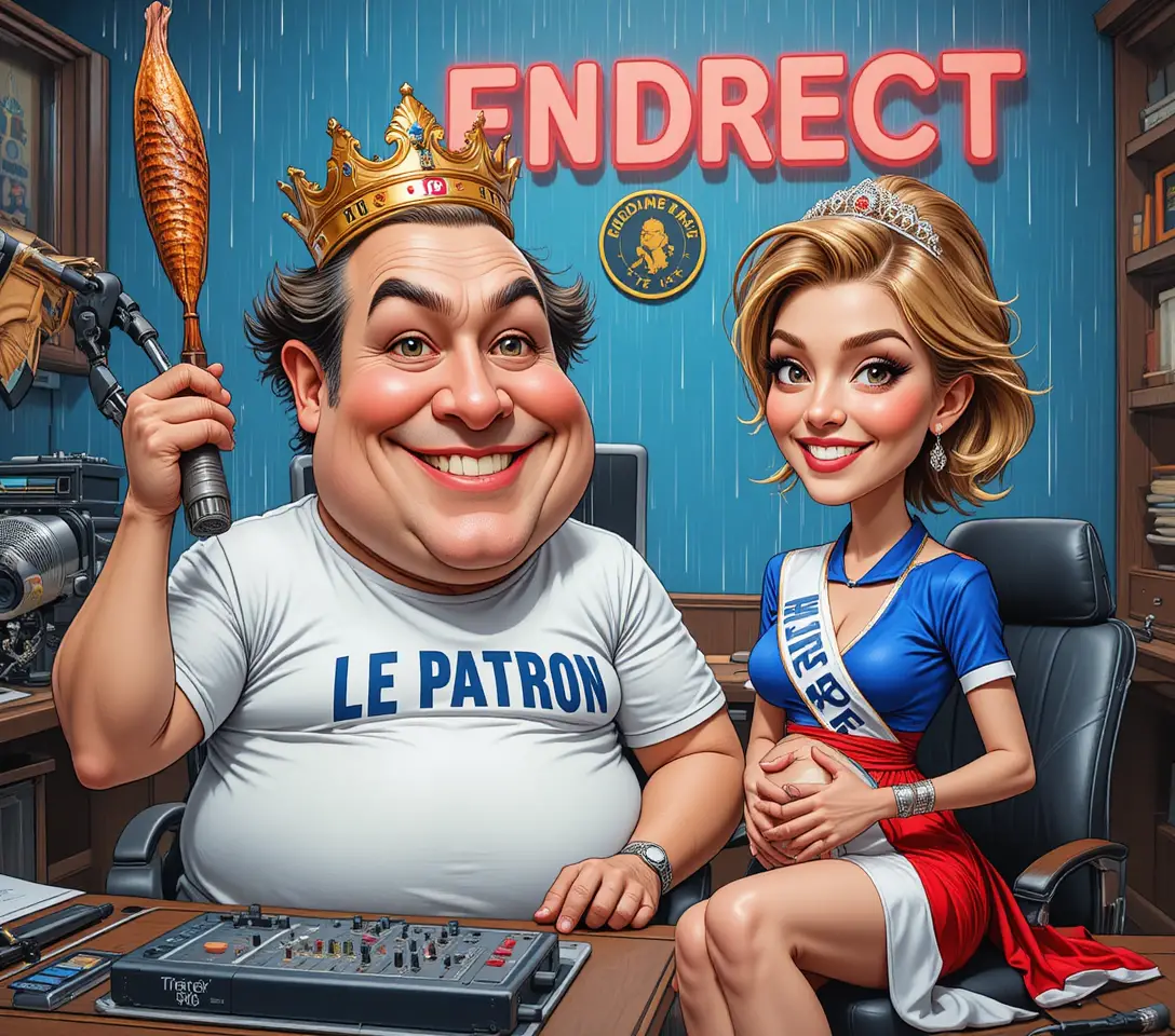 Humorous radio host with sausage scepter and beauty queen