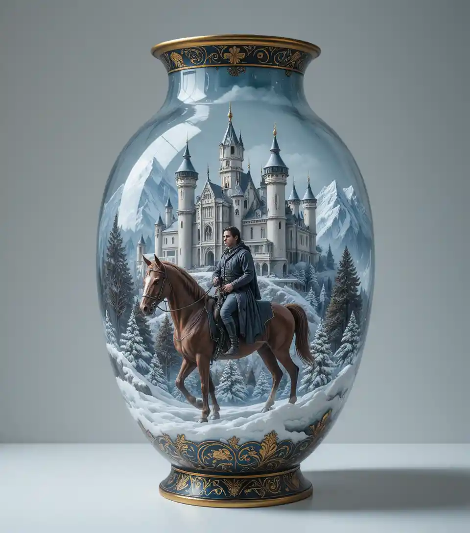 Verzauberte Winterburg-Szene in einer verzierten goldenen Vase
