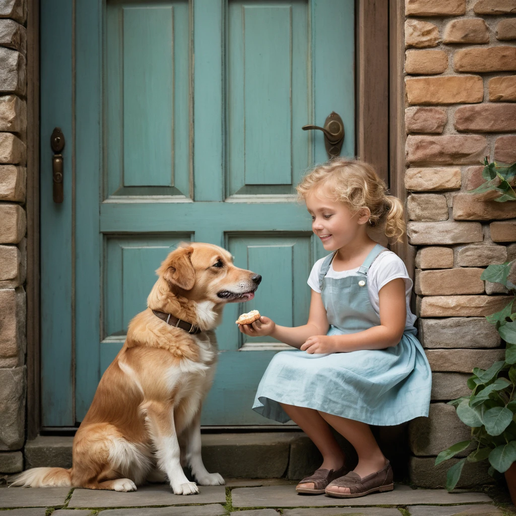 Niña comparte un premio con un perro juguetón al aire libre