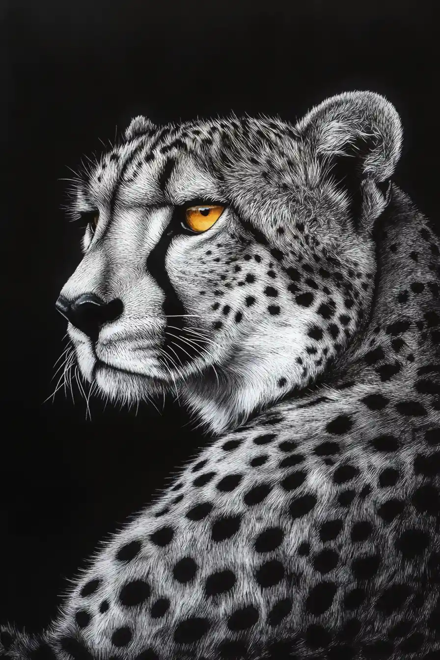 Monochrome cheetah resting in profile against black background