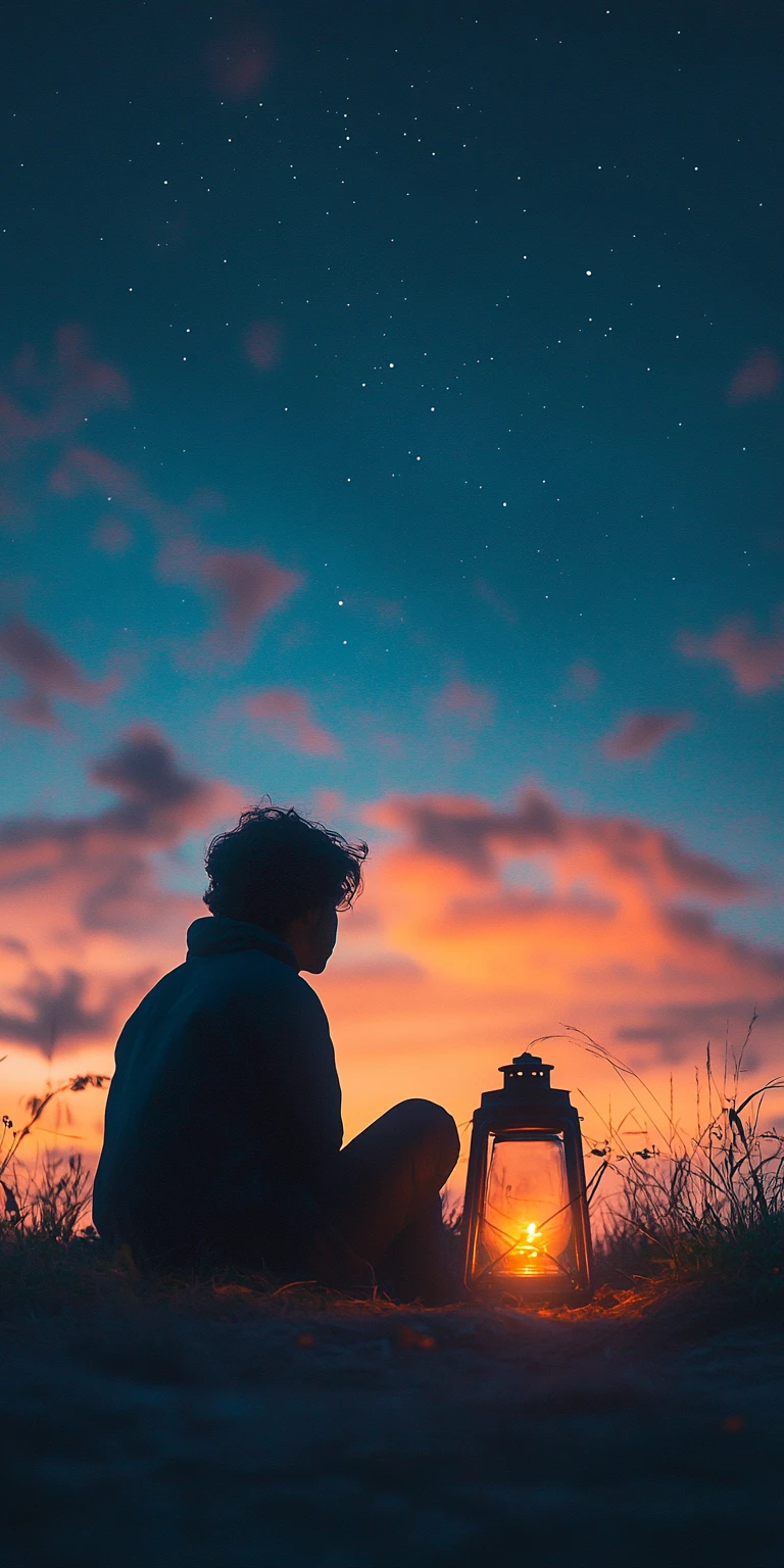 Viaggiatore che riposa accanto a una lanterna mentre l’alba colora il cielo