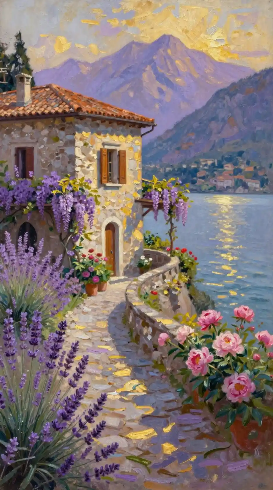 Sunlit stone villa above a lavender path by the lake