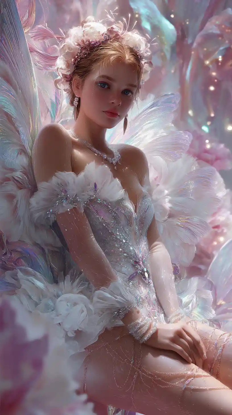 Mystical nymph woman seated in glowing peony flowers