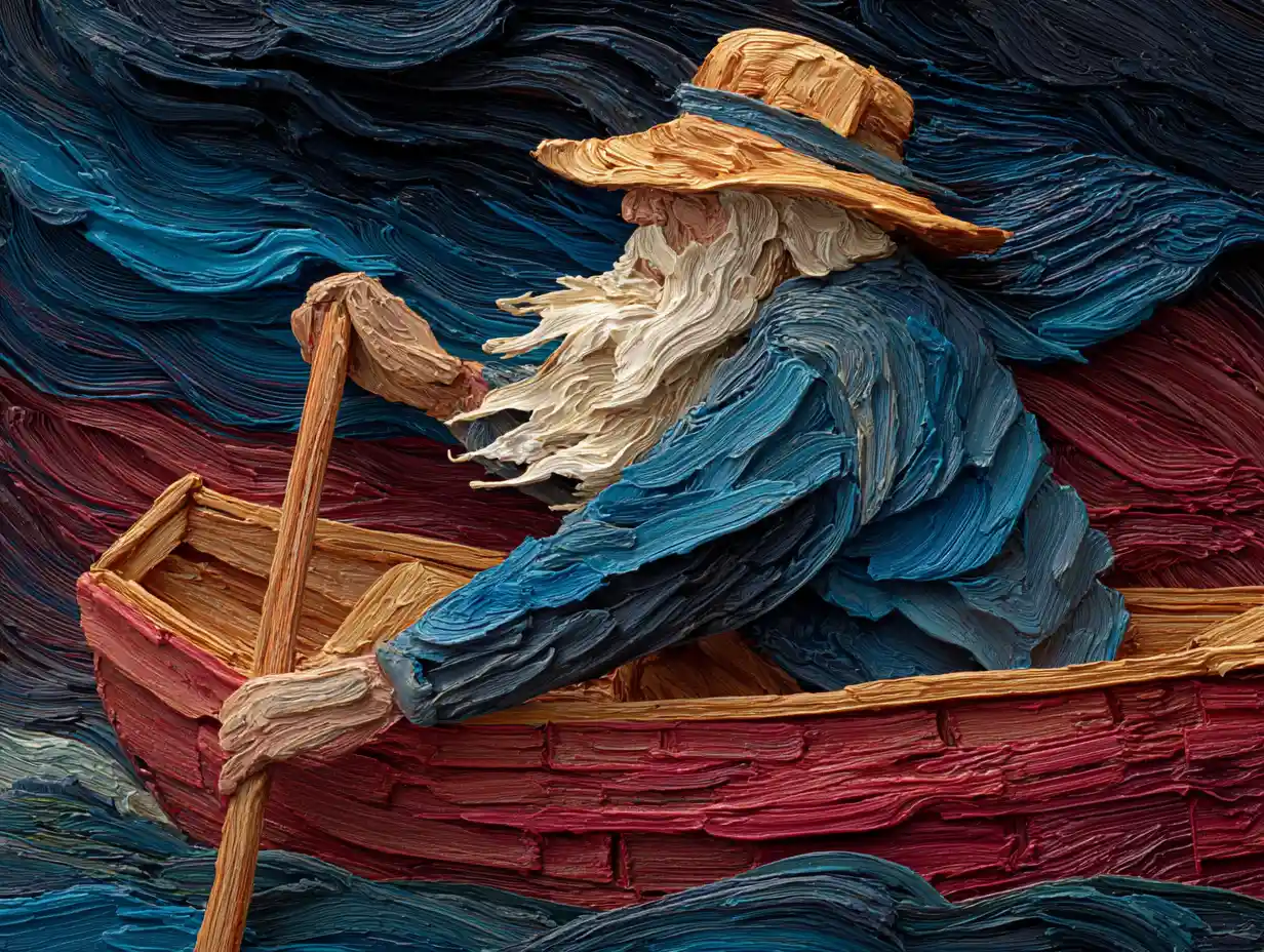 Elderly fisherman rowing a small boat in thick oil paint