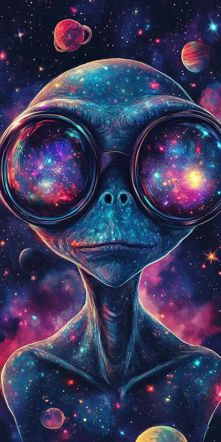 銀河が映るメガネをかけた遊び心あふれる宇宙人イラスト