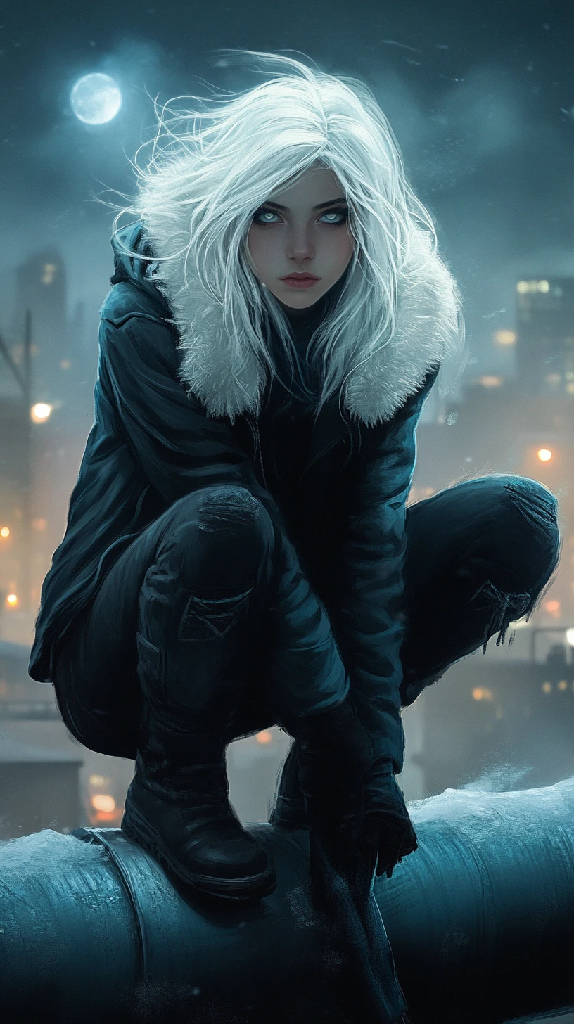White haired girl on a pipe in a cold industrial night
