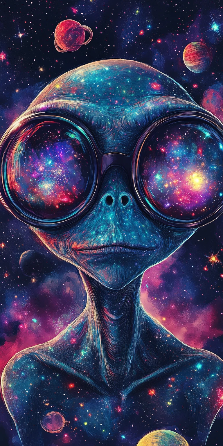 Playful cartoon alien with galaxy reflections in glasses