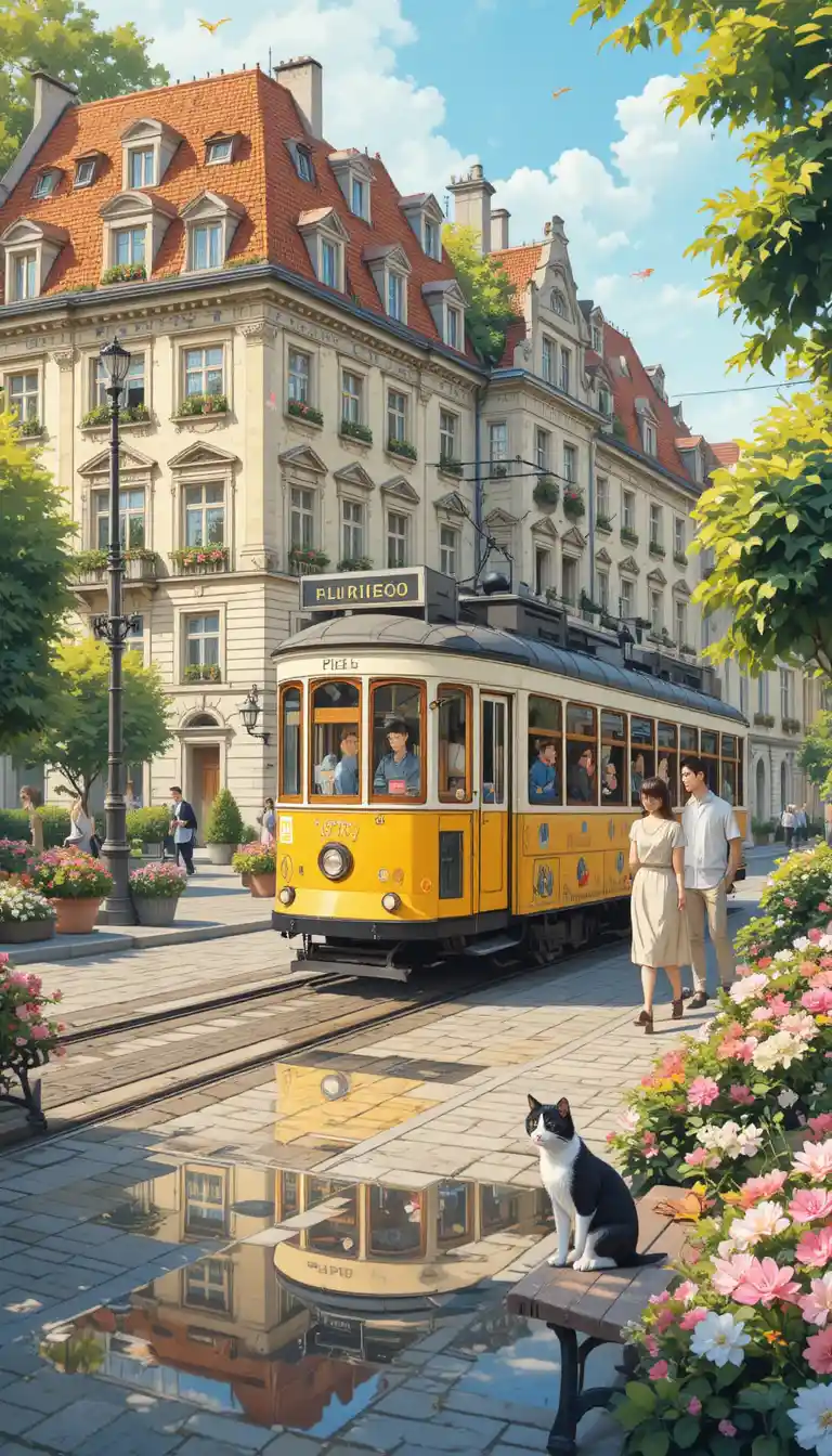 Yellow tram on a European cobblestone street at dusk