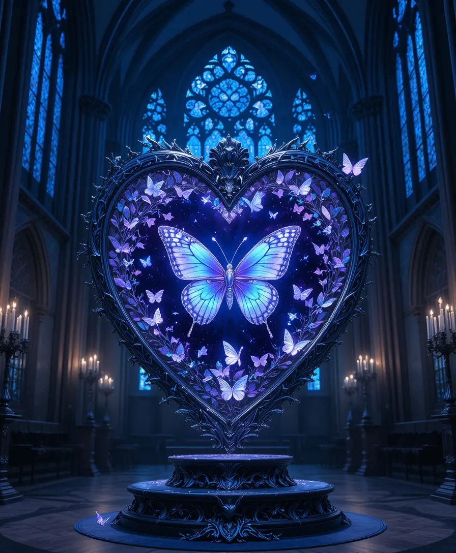 Gothic cathedral heart of stained glass and silver butterflies