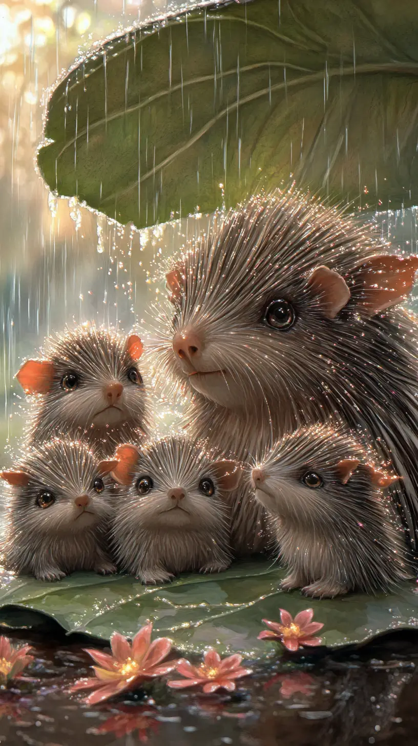 躲在葉子下躲雨的可愛豪豬一家