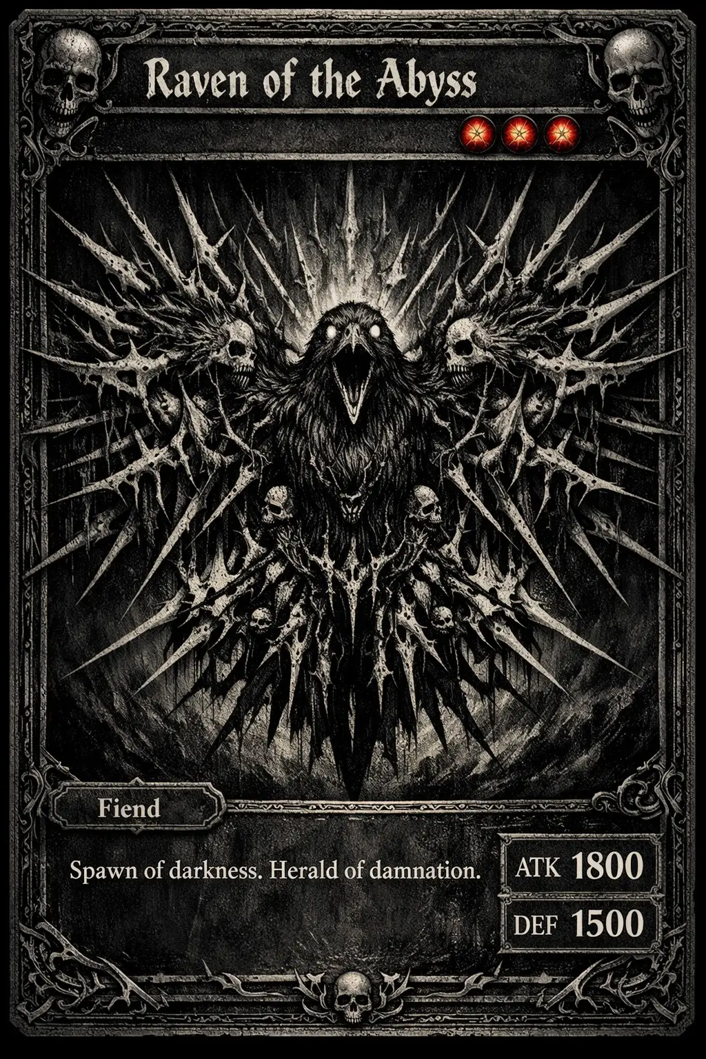 Carte à collectionner en métal sombre avec emblème de corbeau couronné d’épines