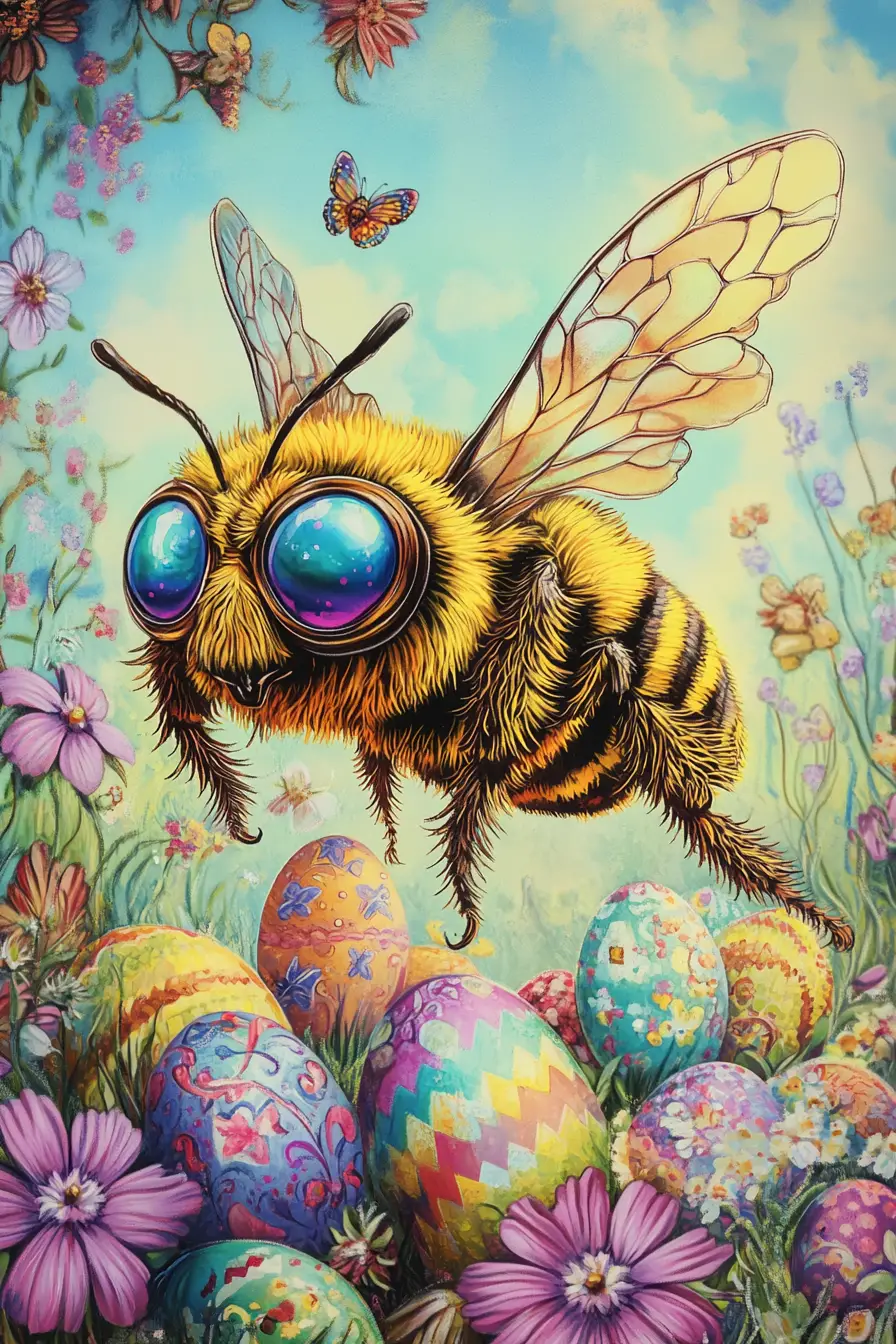 Anthropomorphic bee diva flying in a floral Easter garden
