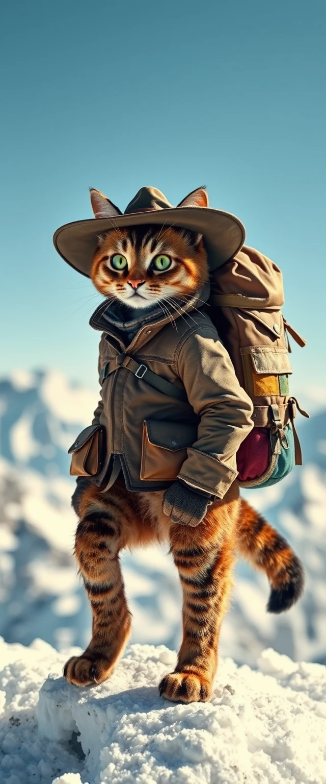 Gatto umanoide avventuroso sulla vetta di una montagna innevata