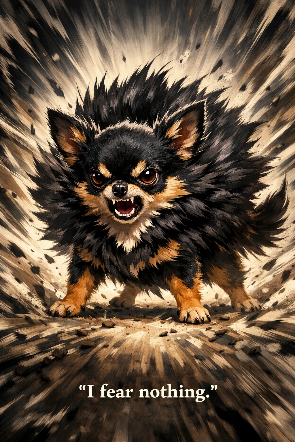 Winziger Chihuahua steht wie ein kleiner, furchtloser Krieger