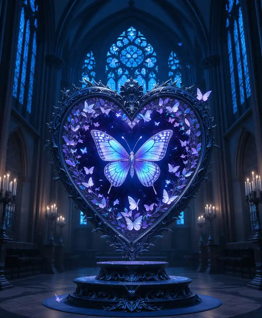 Gothic cathedral heart of stained glass and silver butterflies