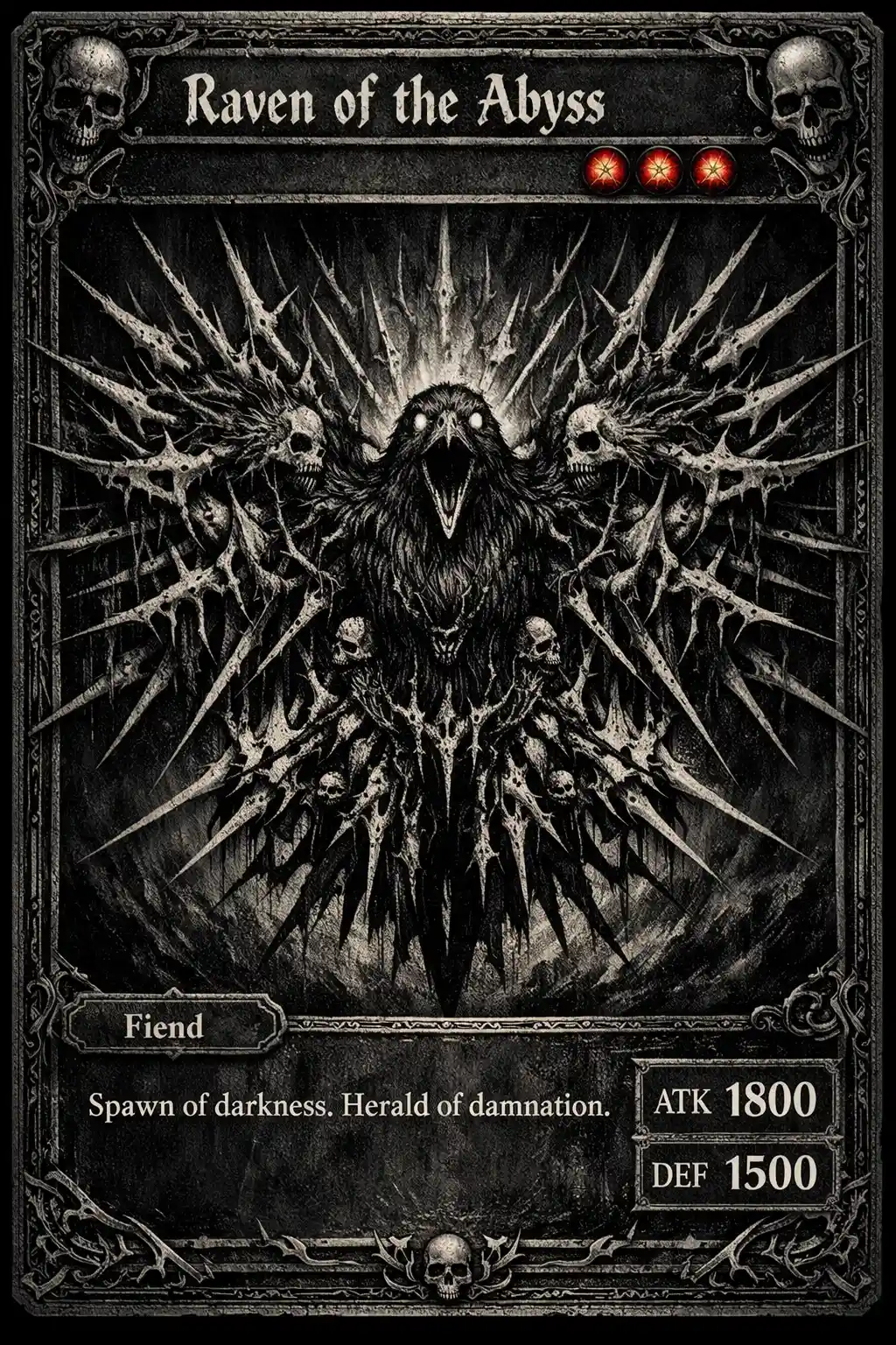 Carta coleccionable de metal oscuro con emblema de cuervo coronado de espinas