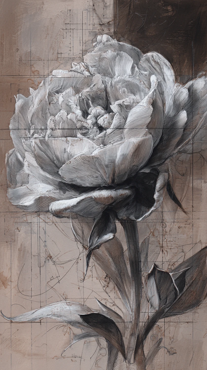 Abstract peony like flower in mixed media painting
