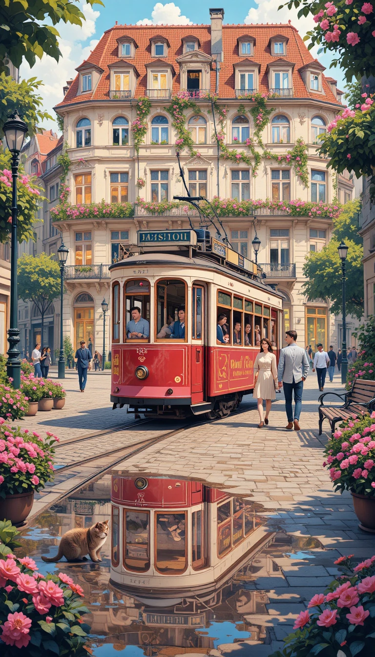 Tranvía rojo pasando por una calle europea empedrada