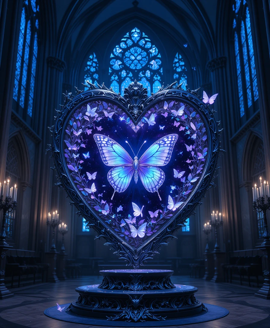 Gothic cathedral heart of stained glass and silver butterflies