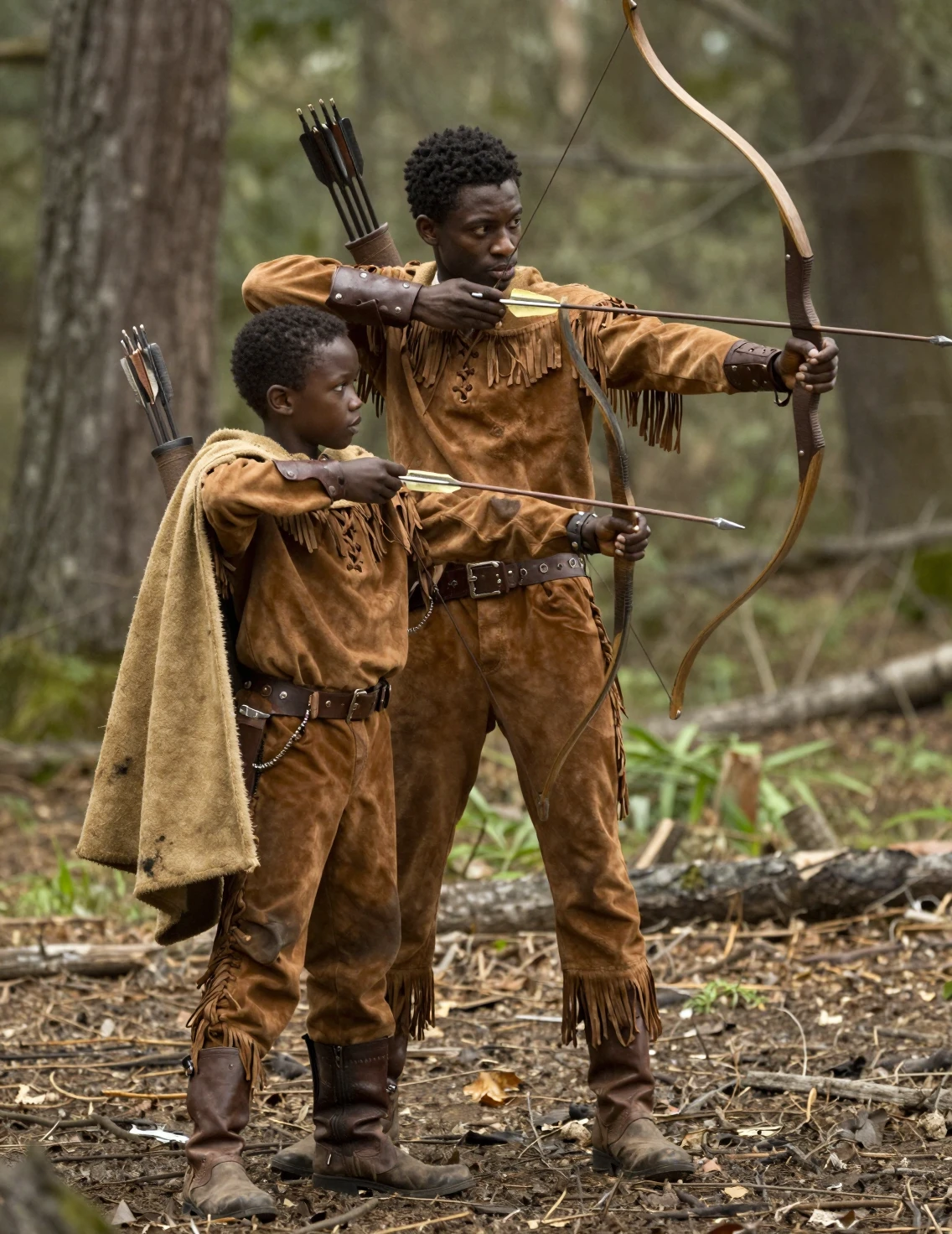 Two young archers aiming bows in a quiet forest