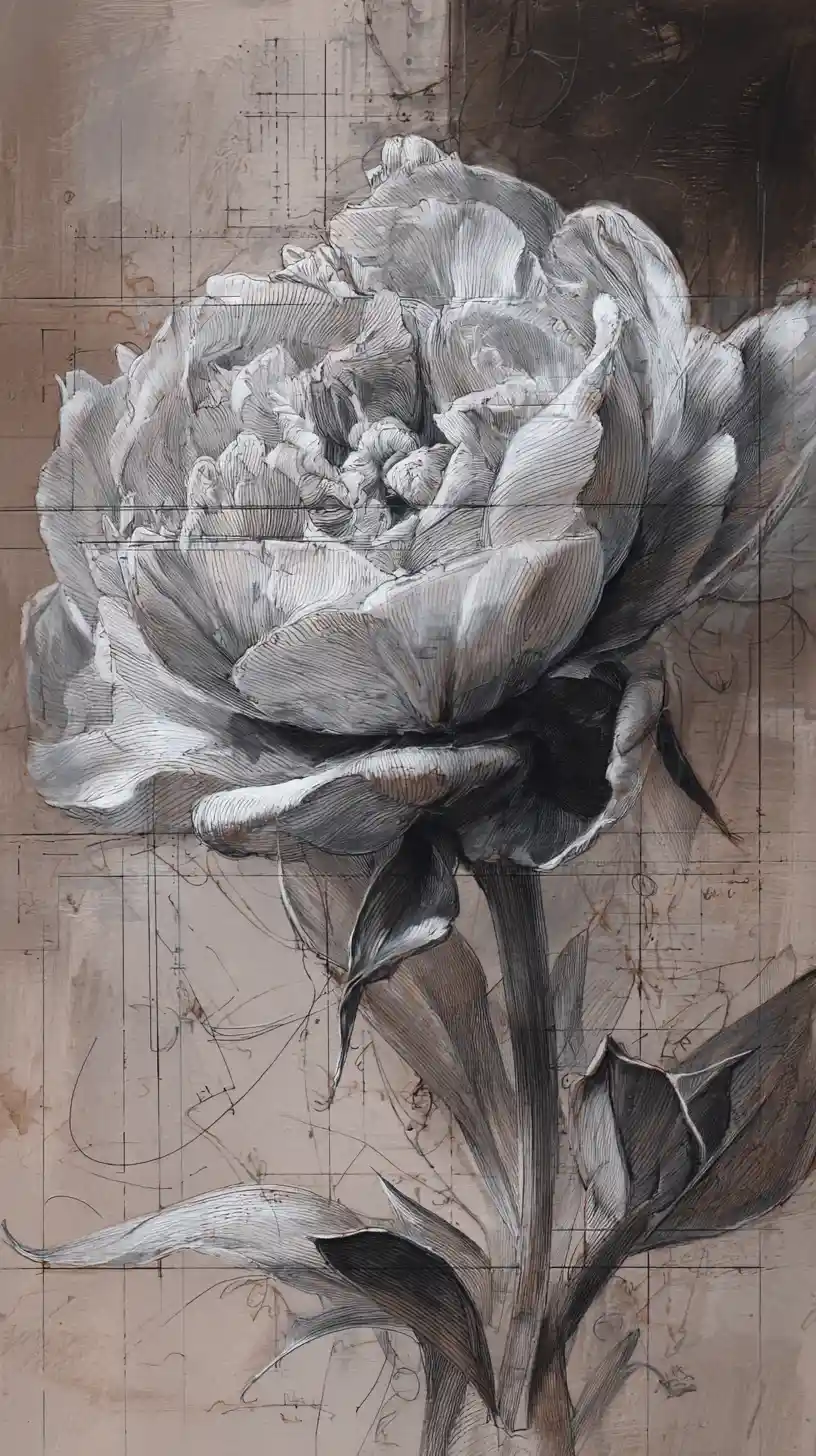Abstract peony like flower in mixed media painting