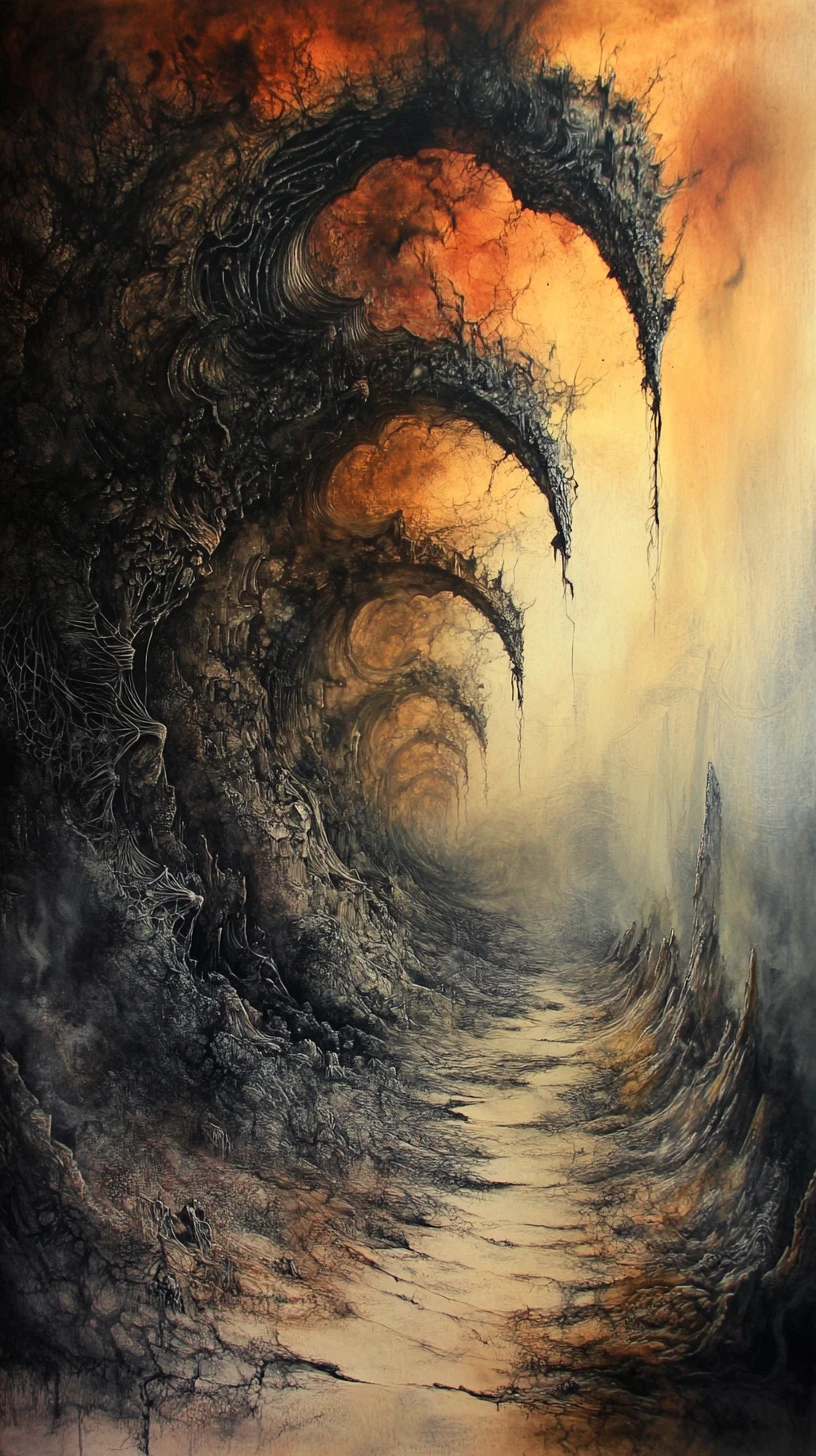 Paesaggio surreale in mixed media con forme astratte drammatiche