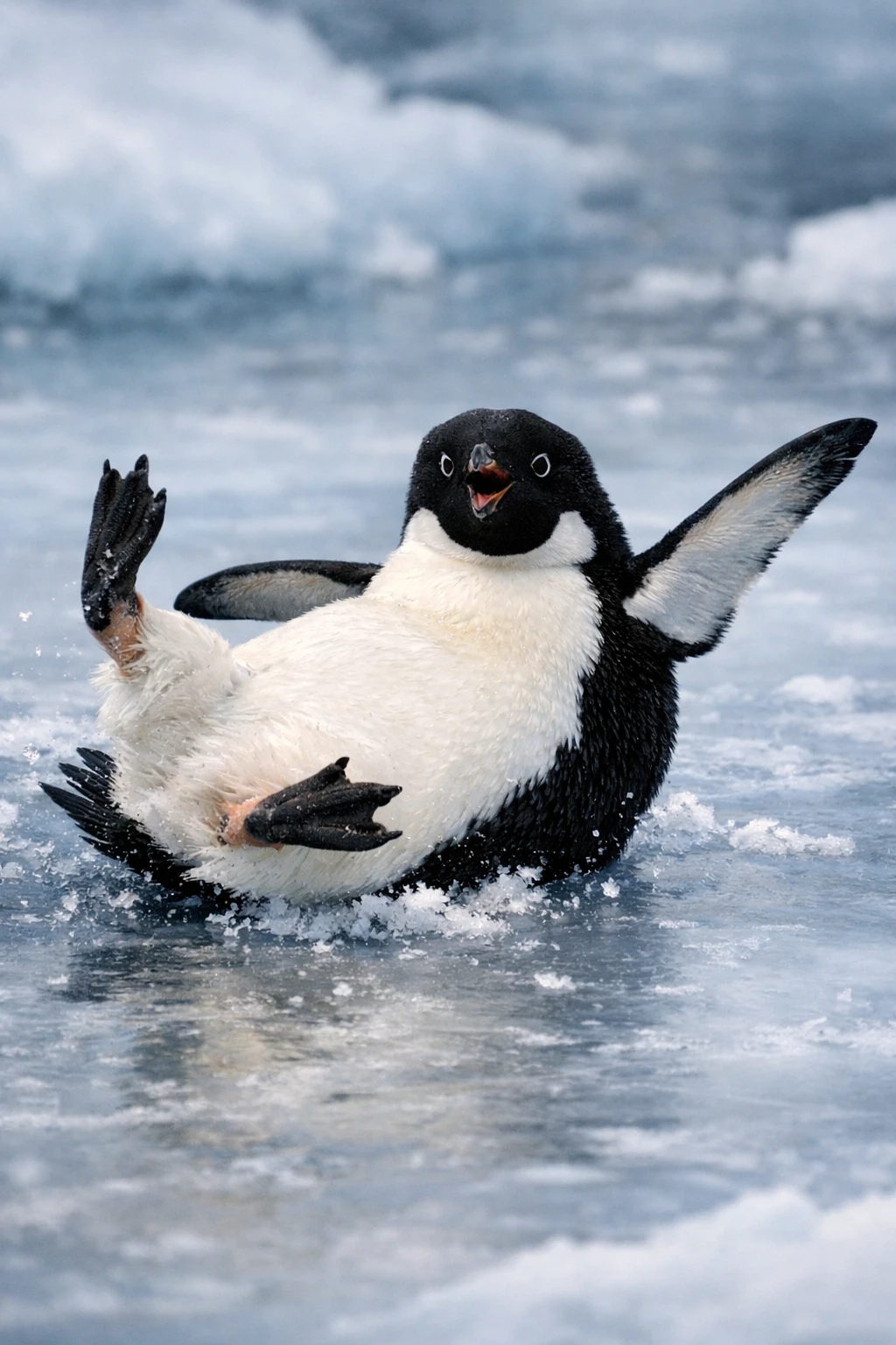 Pingüino juguetón deslizándose con confianza sobre una superficie de hielo lisa