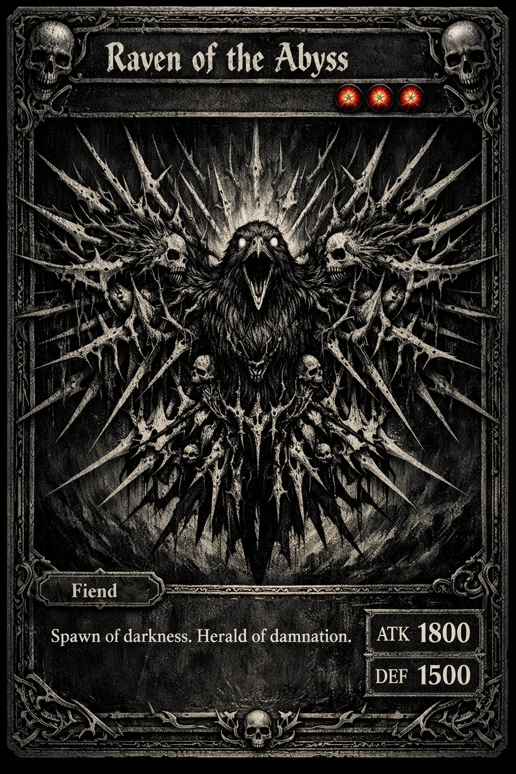 Carta coleccionable de metal oscuro con emblema de cuervo coronado de espinas