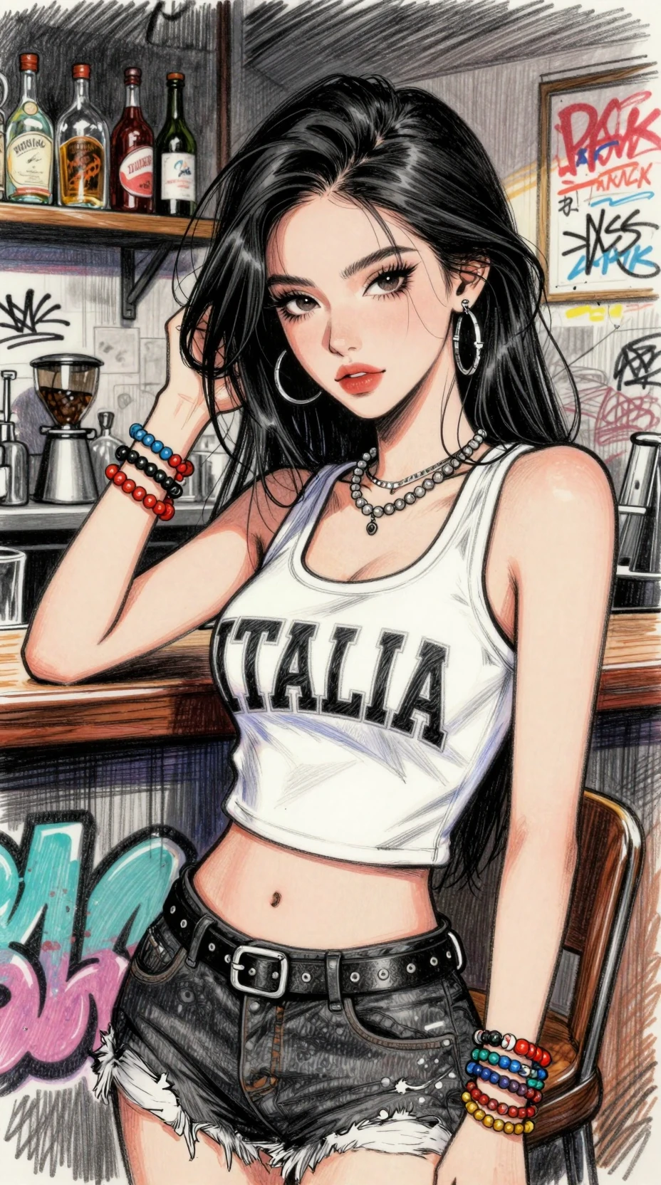 Sensual urban woman at barista bar in pencil sketch