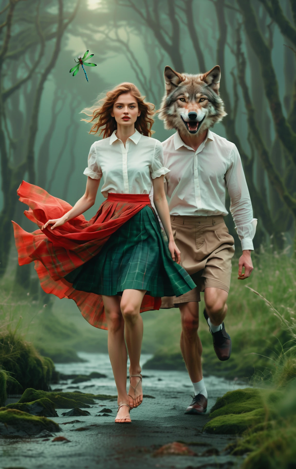 Wolf headed models leaping through red linen towards dragonfly
