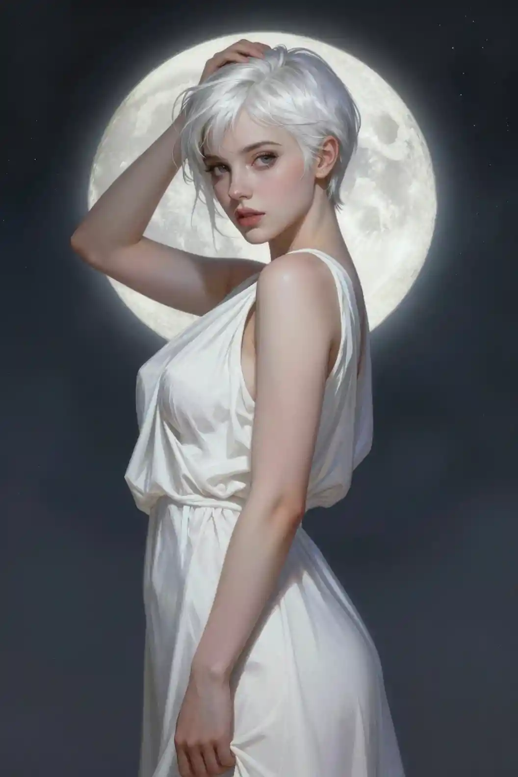 White haired girl in white dress before a full moon