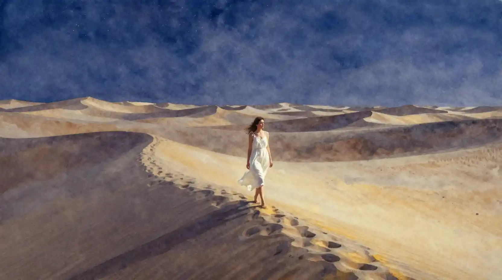Giovane donna che cammina da sola tra dune indaco ad acquarello