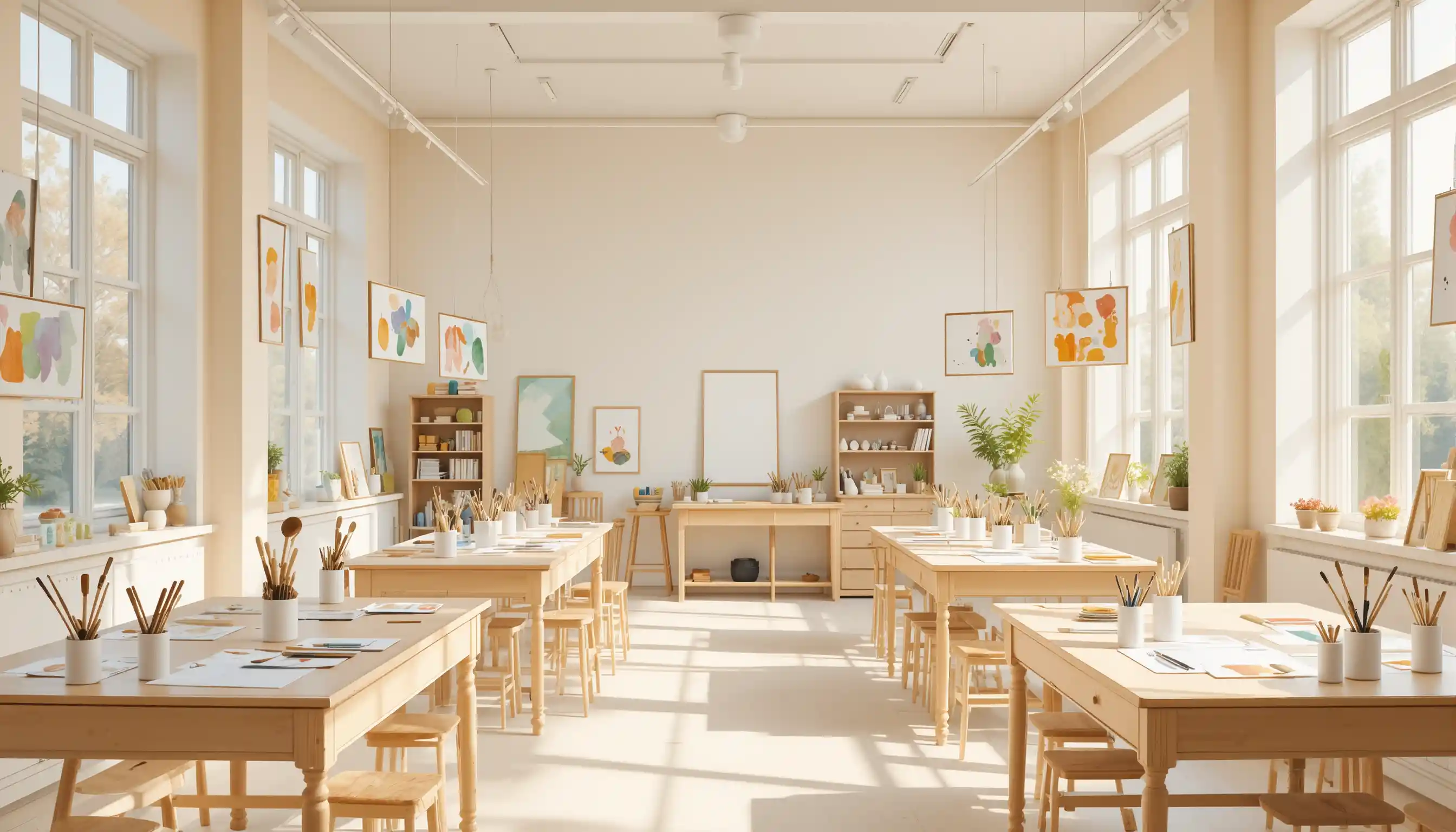 Helles Kinderkunststudio mit Aquarellgemälden und Tischen